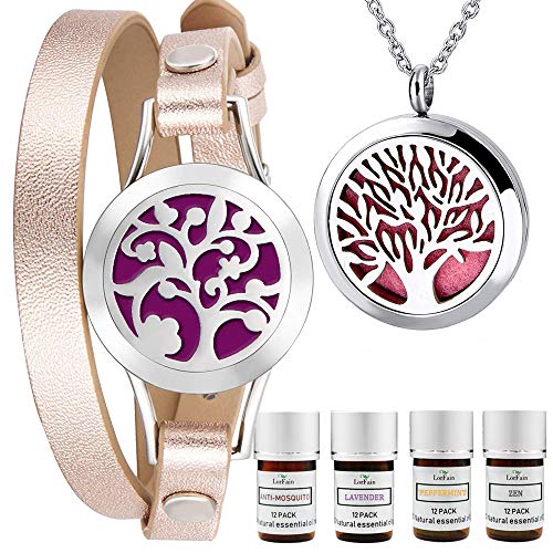 LorFain Essential Oil Bracelet and Necklace, Stainless Steel Aromatherapy Pendant Locket Bracelets Leather Band with 48 Pads in 4 Scents, Girls Women Jewelry Gift Set - Rose Gold