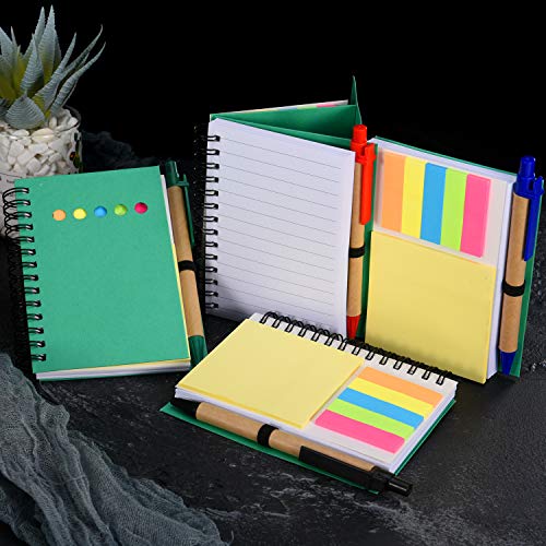 Maxdot 4 Pieces Kraft Paper Steno Pocket Business Notebook Spiral Lined Notepad Set with Pen in Holder, Sticky Colored Notes Page Marker Tabs (Green Cover) - Thumbnail 4