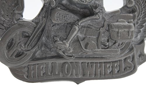 TFJ Men Belt Buckle Silver Metal Motorcycle Biker Hells Wheels Skeleton Wings Western