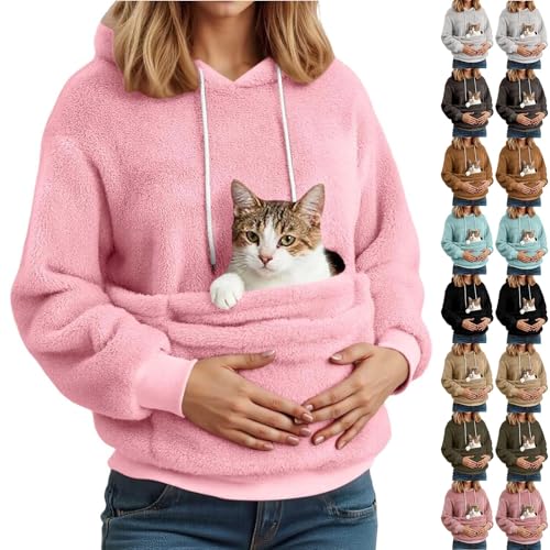Hoodies for Women UK Fleece Pet Pouch Sweatshirts Ladies Loose Fit Cat Puppy Holder Hoodie Warm Solid Color Casual Sweatshirt for Autumn Winter