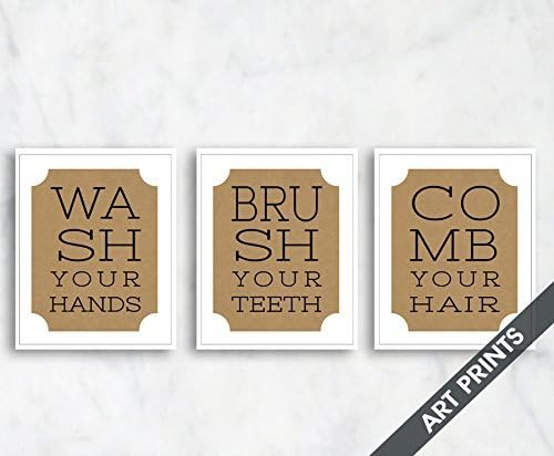 Vintage Bathroom Instructional Quotes (Flush, Brush, Comb) Set of 3 - 5x7 inch Unframed Art Prints (Featured in Brown Bag and Black) Kitchen Art- Larger sizes available by choosing drop down menu