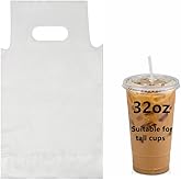 Elyfree Drink Carrier for Delivery, 32oz Drink Packaging Bags, 100PCS Clear Plastic Bags with Handle Drink Cups Delivery Take Out