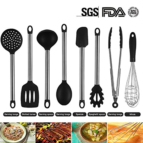 Kitchen Utensil Set - 8 Cooking Utensils Kit Gadgets with Nonstick Silicone & Stainless Steel - Kitchen Tools Serving Spatula, Spoon, Tongs, Whisk, Strainer, Ladle, Pasta Server, Slotted Turner