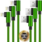 Boost Chargers 3-Pack 6FT Charging Cable Nylon Braided 90 Degree Fast Charging USB Power Charge & Sync Cord Compatible with iPhone XR XS MAX X iPhone 8 8Plus 7 Plus 6S 6S Plus 6 5 SE- Kelly Green