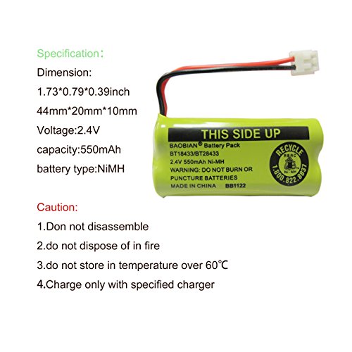 BT18433 BT28433 Batteria Per Telefono Cordless – 2,4V 550mAh Ni-MH, Compatibile Con AT&T, VTech, Uniden (3 Pezzi)