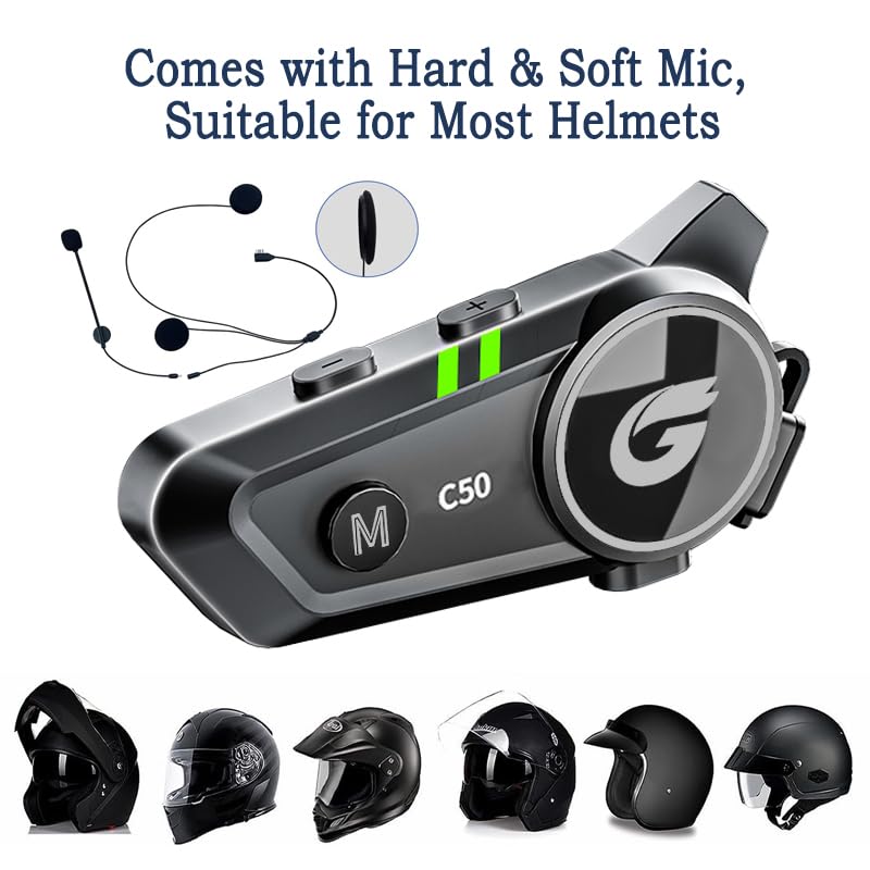 Motorcycle Helmet Bluetooth Headset with Stereo Sound, C50 2-Way 1000M Communication System Intercom Speakers with CVC Noise Cancellation, Music Call Control, IP67 Waterproof for Most Helmets (2 Pack)