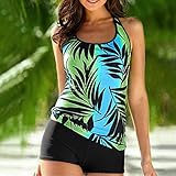 Caslia Plus Size Tankini Women Leaf Print Conservative Bikini Short Bottom Swimsuit Set Beach Swimwear Monokini