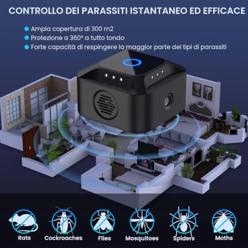 360° Ultrasonic Mice Repellent Mode, 3 Modes Ultrasonic Mice Mice Connect with 12 Strobe Lights, 300 m² Ultrasonic Mice Repellent Beam for Indoor Rats Spiders Moth Ants