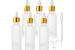 FURNIDO 6 Pack,Frosted Glass Dropper Bottle for Essential Oils,Empty Glass Liquid Holder With Glass Eye Dropper,Golden Caps Travel Perfume Cosmetic Container-Pipette&Funnel included (30ml/1 fl oz)