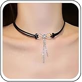Yheakne Vintage Layered Leather Choker Necklace Black Leather Cord Necklace Silver Rhinestone Bow Tassel Necklaces Short Leather Necklaces Jewelry for Women