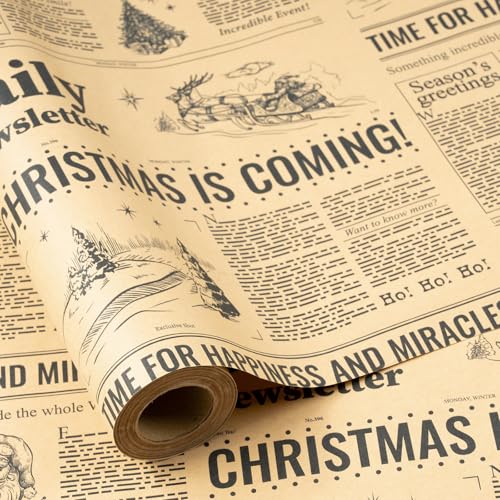 RUSPEPA Vintage Newspaper Christmas Wrapping Paper Roll, Mini Roll, CHRISTMAS IS COMING Headline with Christmas Tree and Festive Design, Fun Kraft Gift Wrap for Holiday Party, 17 Inches x 16.4 Feet