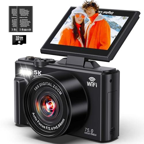 5K Digital Camera - WiFi 75MP Cameras for Photography - UHD Vlogging Camera for YouTube with 3