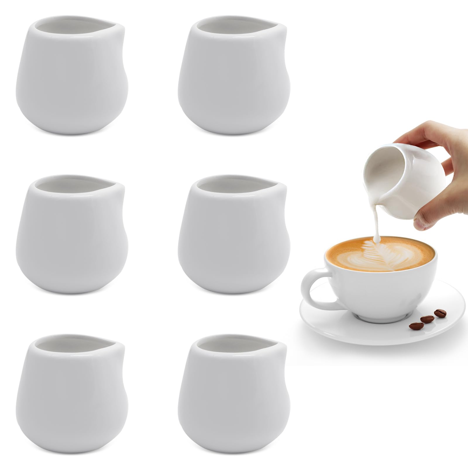 ICEBLUEOR 6 PCS Small Milk Jug, 110ml White Ceramic Milk Creamer Pitcher, Gravy Jug, Sauce Pots, Sugar Pot, Mini Milk Jugs for Milk Coffee, Cream Jug Gravy Boat for Home Kitchen Office Coffee Bar