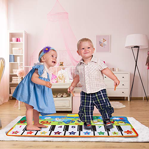 Tencoz Musical Piano Mat, Keyboard Play Mat Portable Musical Blanket with 8 Animal Sounds Dance Mat Educational Toy Gift for Kids Toddler Girls Boys, 53.2 x 23.6 inches