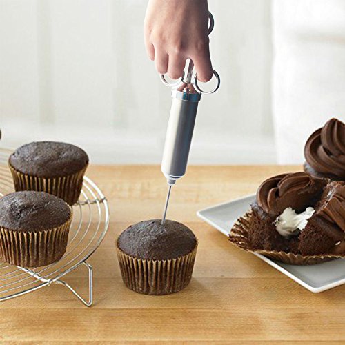 Hotloop Stainless Steel Meat Injector, Flavor Injector Syringe Kit with 2-oz Large Capacity Barrel & 3 Marinade Needles for Turkey, Pork Loin, Beef, Bratwurst, Hot Dogs , Cupcakes or other Desserts
