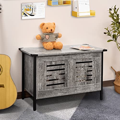 LEYAOYAO Storage Chest, Grey Toy Box with Safety Hinge, FlipTop Wooden