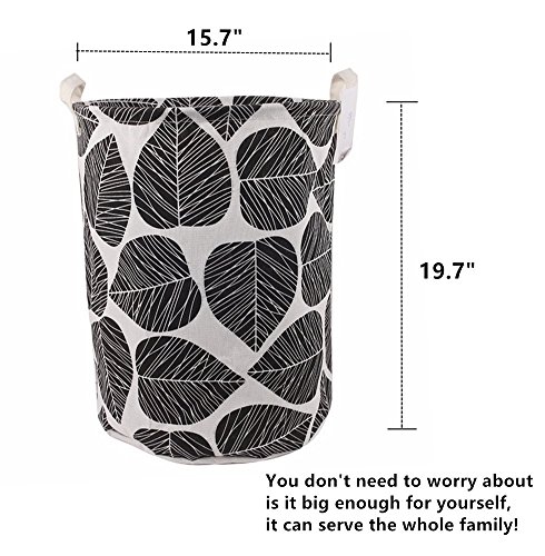 TIBAOLOVER 19.7" Large Sized Waterproof Foldable Canvas Laundry Hamper Bucket with Handles for Storage Bin,Kids Room,Home Organizer,Nursery Storage,Baby Hamper with Stylish Leaf Design(Black)