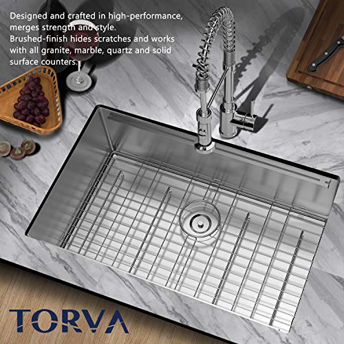 TORVA 30-Inch Workstation Undermount Stainless Steel Kitchen Sink, 16 Gauge Single Bowl Sinks with Basin Rack, Colander, Cutting Board, and Basket Strainer