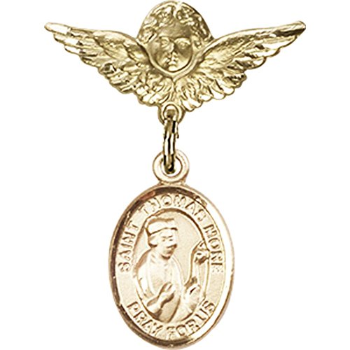 14kt Yellow Gold Baby Badge with St. Thomas More Charm and Angel w/Wings Badge Pin 1 X 3/4 inches