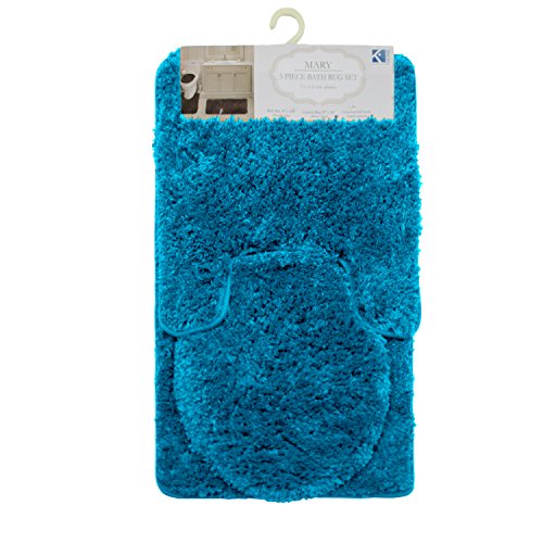 Mary 3 Piece Bathroom Rug Set, Luxury Soft Plush Shaggy Thick Fluffy Microfiber Bath Mat, Countour Rug, Toilet Seat Lid Cover, Non-Slip Rubber Back, Floor Mats Water Absorbent (Turquoise)