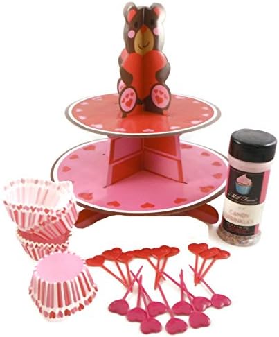 Romance Cup Cake Kit with Display Stand, Cup Cake Liners, Heart Picks and Rainbow Sprinkles (Valentine Bear)