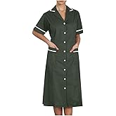 Women's Short Sleeve Work Dress Lapel Button Front Nursing Workwear Casual Housekeeping Scrubs Dress with Pockets