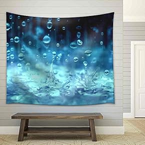 Blue Color Tone of Close Up Rain Water Drop Falling to The Floor in Rainy Season - Fabric Wall Tapestry Home Decor - 51x60 inches
