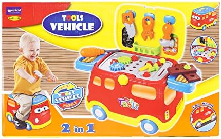 Kids Tool Car Ride On Vehicle, DIY Tool Bus, Tools Workbench Toy Set with Easy Storage, Pretend Play Tool Set, Safe Educational Learning, with Accessories and Free Wheels