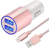 iPhone Car Charger, IWAVION 4.8A/24W Dual Rapid USB Ports Car Charger with 3FT Nylon Braided Lightning Cable Cord For Apple iPhone 7/7 Plus/6 6S Plus 5S 5 5C SE, iPad Air/Pro/Mini, iPod(Rose Gold)
