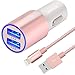 iPhone Car Charger, IWAVION 4.8A/24W Dual Rapid USB Ports Car Charger with 3FT Nylon Braided Lightning Cable Cord For Apple iPhone 7/7 Plus/6 6S Plus 5S 5 5C SE, iPad Air/Pro/Mini, iPod(Rose Gold)