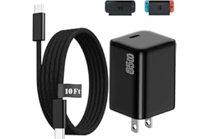 EGK 65W Charger for Nintendo Switch (All Series) + 10FT Fast Charging Cable for Switch 1/2 Dock TV Mode, Steam Deck, ROG Ally and More