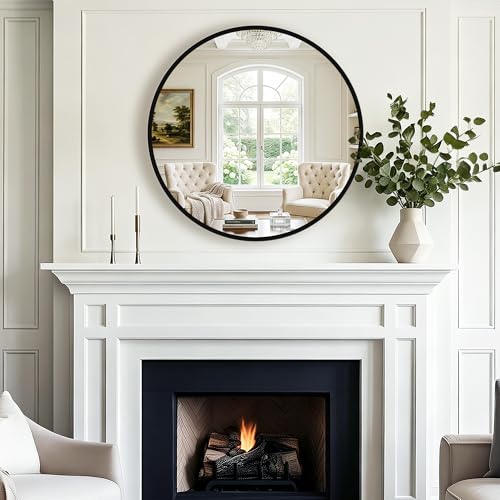 Round Bathroom Mirror for Wall, 2 Pack 26" Black Circle Mirror, Tempered Glass Bathroom Mirror for Over Sink, Modern Metal Framed Round Vanity Mirror for Entryway, Bedroom, Living Room