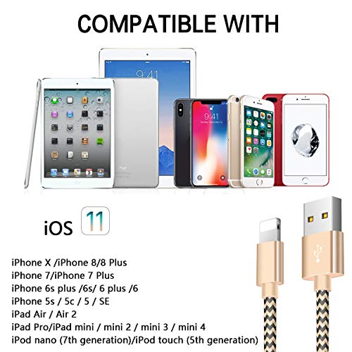 Zeuste Cable iPhone, Cargador iPhone Adaptador USB [3Pack 1.5M] de Nylon Trenzado Compatible con iPhone 11/11Pro/XS/XR/X/8 Plus/8/7/6S/6+/6, iPad y más (Dorado)