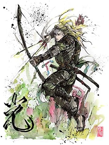 8x10" PRINT of Sumi-Watercolor Legolas Samurai Archer with Japanese Calligraphy LIGHT