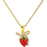 YHGDY Strawberry Necklace for Women Red Strawberry Pendant Necklaces Sparkling Rhinestone Bow Necklace Sweet Jewelry