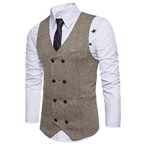 Nevera Handsome Men Formal Jacket Tweed Check Double Breasted Waistcoat Retro Slim Fit Suit (M, Khaki)