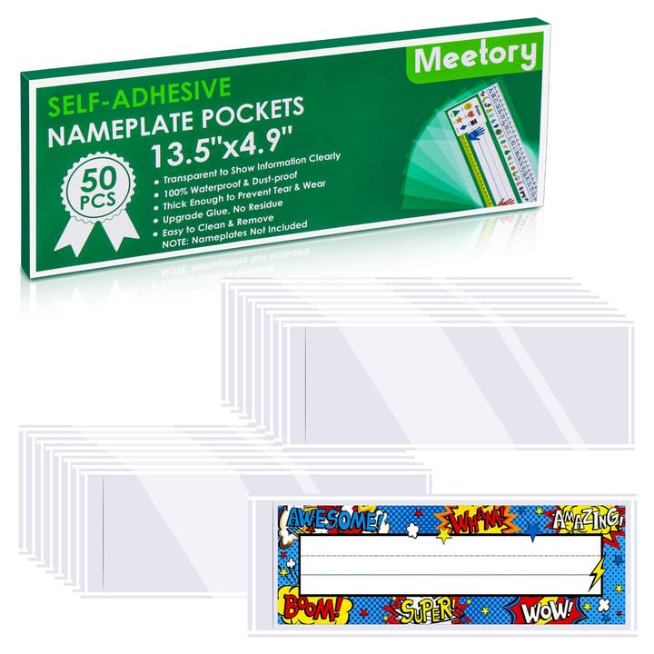 Photo 1 of Meetory 50 Pieces 13.5” x 4.9” Transparent Nameplate Pocket Self-Adhesive Clear Plastic View Name Tag Sleeves for Classroom Desk, Office Supplies?NOT Include Name Tags?