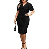 Charming Ashley Women's Plus Size Cocktail Dress Ruched Wrap Dresses | Comfortably Satin Midi Dress Ruffle Hem Elegant Semi-Formal Dress Hidden Button Wrap Design Wedding Guest Dress