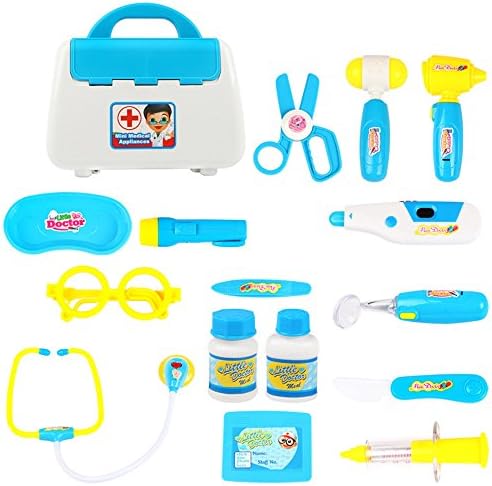 Compact Kids Doctor Medical Kit - ROMANTIQUE 15pcs Medical Doctor Kit Playset for Boys Including 5 Light-up Toys, Perfect Boy Birthday Gift, Blue