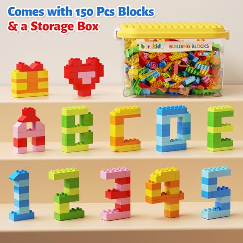 150 Pieces Classic Big Building Blocks with Storage Box, Large Toddler Blocks, Compatible with Most Major Brands, STEM Toy Gift Big Bricks, Building Blocks for Toddlers 3-5, Kids Blocks for All Ages