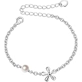 S925 Sterling Silver Jewelry Flower Charm with Freshwater Cultured Pearl Adjustable Chain Link Bracelet For Teen Girls, Little Girls, Children