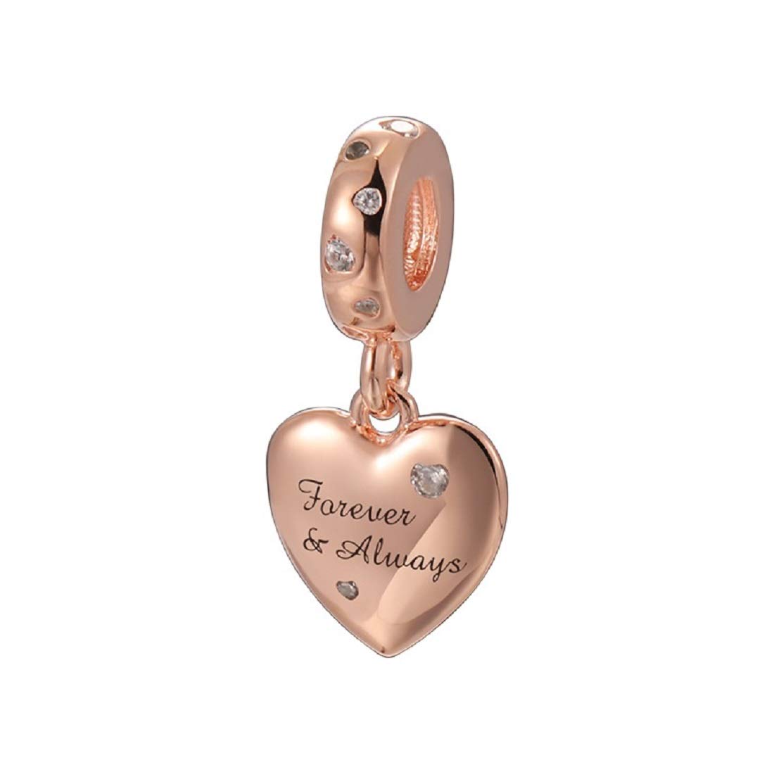 FeatherWish Sterling Silver 925 Rose Gold Forever And Always Love Heart Dangle Charm Fits And Compatible With Pandora Bracelets Gift For Wife Girlfriend Daughter Sister Mum Birthday (Rose Gold)