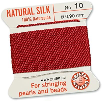 GRIFFIN 100% Natural Silk Beading Cord String Thread - Garnet Red - 2 metres with one needle - Size 0.90mm