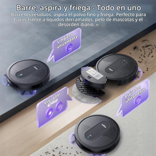 Robot Aspirador,Robot Aspirador y Fregasuelos 4000Pa Presión de Succión, Autonomía 140 Minutos, Sensores Anticaídas y Cepillo Multifunción, TotalSurface, App Control