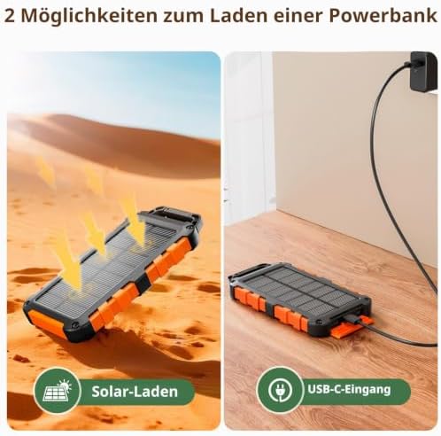 Solar Powerbank 26800mAh, PD22.5W Tragbare Solar Ladegerät USB C Externer Akku Outdoor Wasserdichtes mit LED-Licht und 3 Ausgängen für Smartphones Tablets Camping