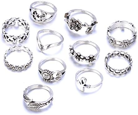 UHANGETH 11pcs Boho Retro Rings Hollow Carved Flowers Joint Knuckle Ring Sets ( Silver )