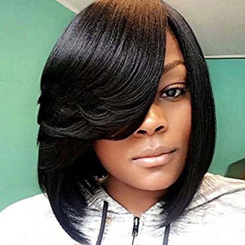 KRSI Short Pixie Cut Bob Synthetic Wigs for Black Women Natural Black Costume African American Wigs with Bangs Full Wigs That Look Real