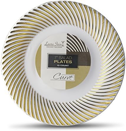 [10 Count - 7 Inch Plates] Laura Stein Designer Tableware Premium Heavyweight Plastic White Appetizer - Salad Plates With Gold Border, Party & Wedding Plate, Classic Series, Disposable Dishes