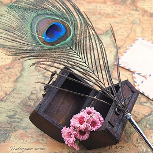 OPENDGO Peacock Feather Ballpoint Pen,Black Ink Vintage Feather Quill Refined Plated Rod Quill Ballpoint Pen For School Writing ▏Wedding Gift Signature Pen (1*Peacock Feather Pen)