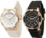 Geneva Black and White Faux Rhinestones Chronograph Silicone Watch